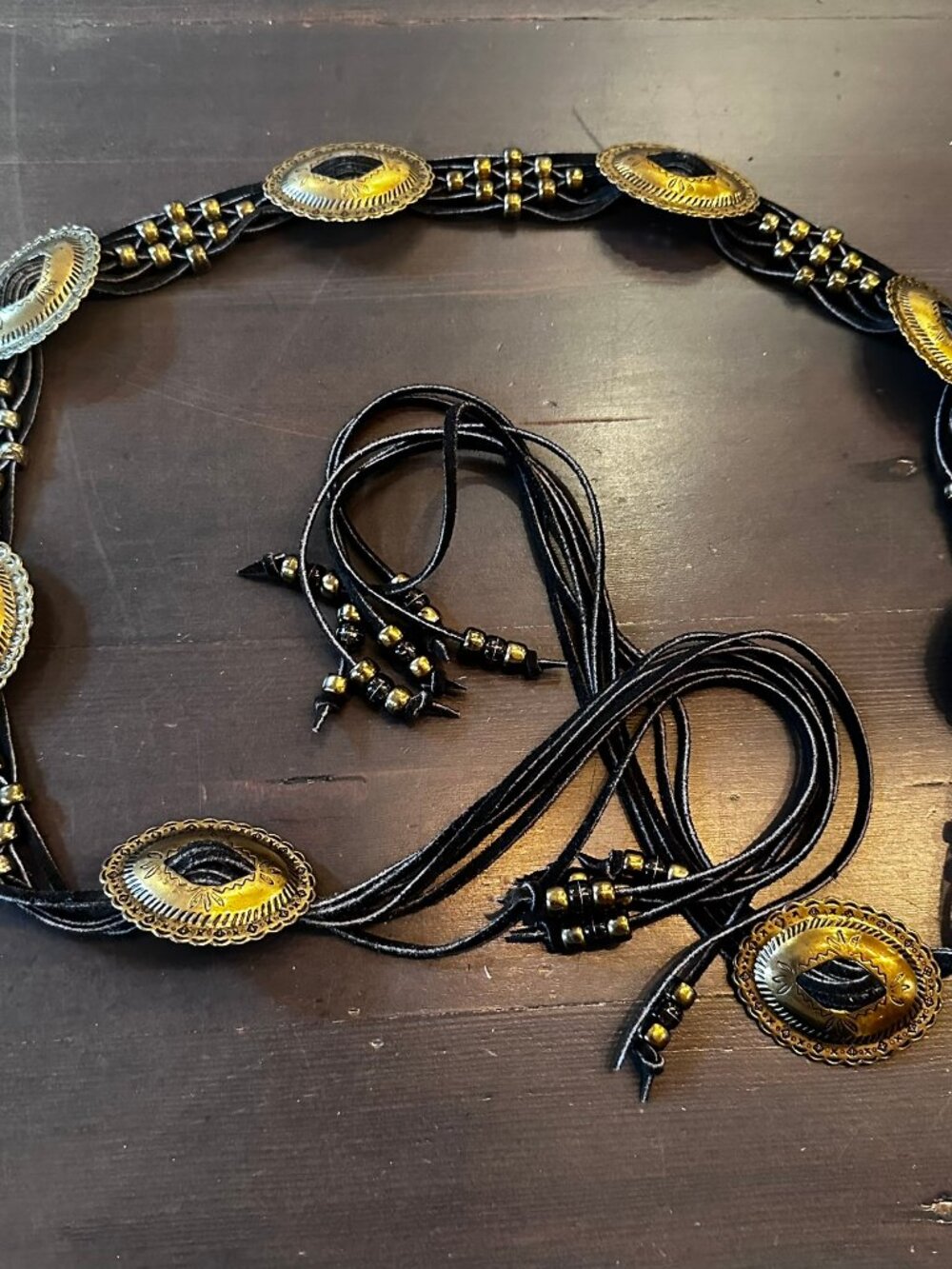 Vintage Western Concho Tie Belt Black Leather Beaded Wrap Belt 60" Boho Cowgirl